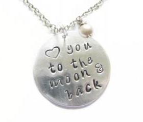 Silver Personalized Necklace Hand Stamped Love you to the moon & back pendant pearl charm engrave birthday wedding