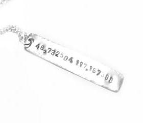 Longitude Latitude Necklace Hand Stamped Personalized Hammered Edge Rectangle Pendant engraved gift Wedding Birthday