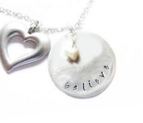 Believe Necklace Metal Hand Stamped pendant chain Heart Mother of pearl