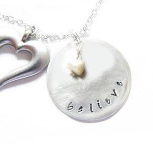 Believe Necklace Metal Hand Stamped pendant chain Heart Mother of pearl